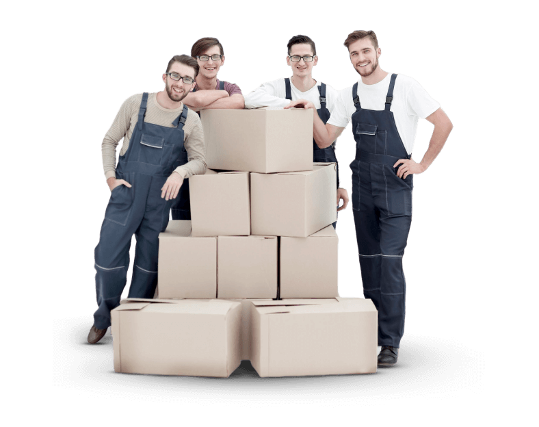 Perth to Mandurah removalists standing behind stacked cardboard moving boxes.