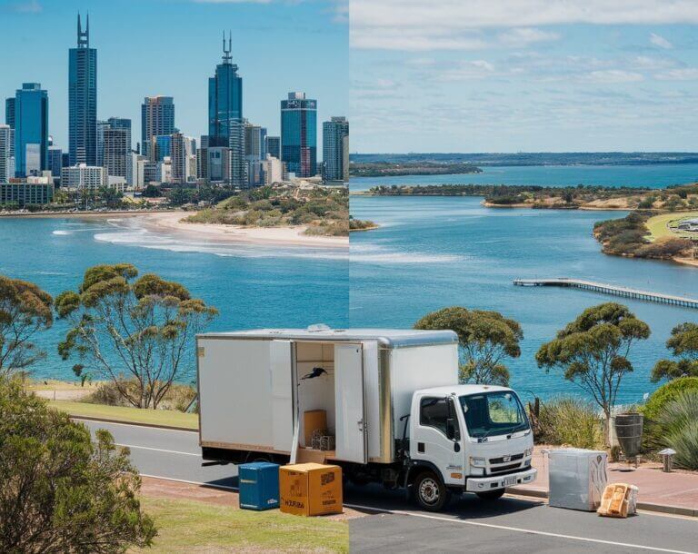 Perth to Mandurah removalist truck parked by the coast with moving boxes; split view of Perth city skyline and Mandurah estuary.