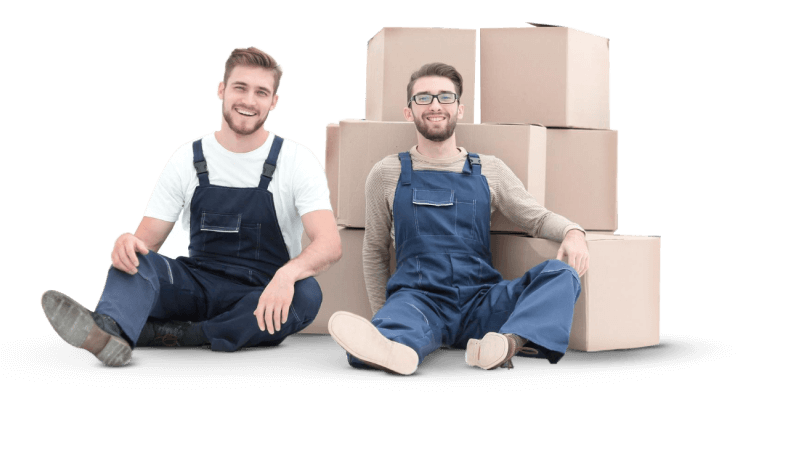 Two Perth to Mandurah removalists sitting in front of stacked cardboard moving boxes.