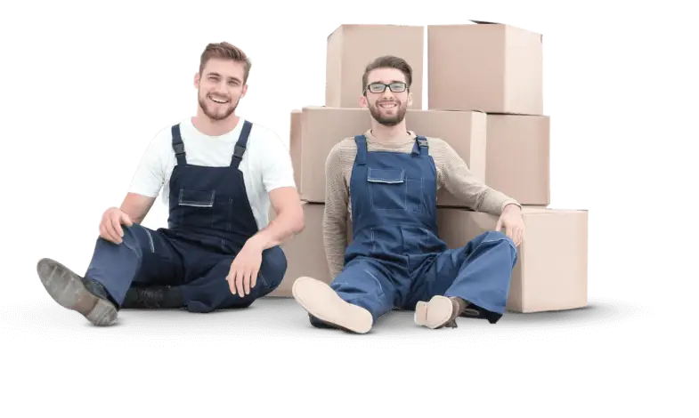 Two Perth to Mandurah removalists sitting in front of stacked cardboard moving boxes.