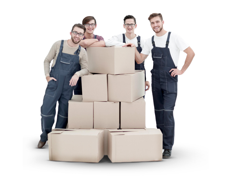 Friendly Perth to Geraldton removalists team standing behind a stack of moving boxes ready for a regional WA move