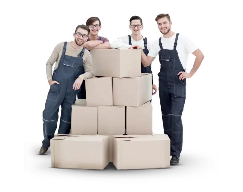 Friendly Perth to Geraldton removalists team standing behind a stack of moving boxes ready for a regional WA move